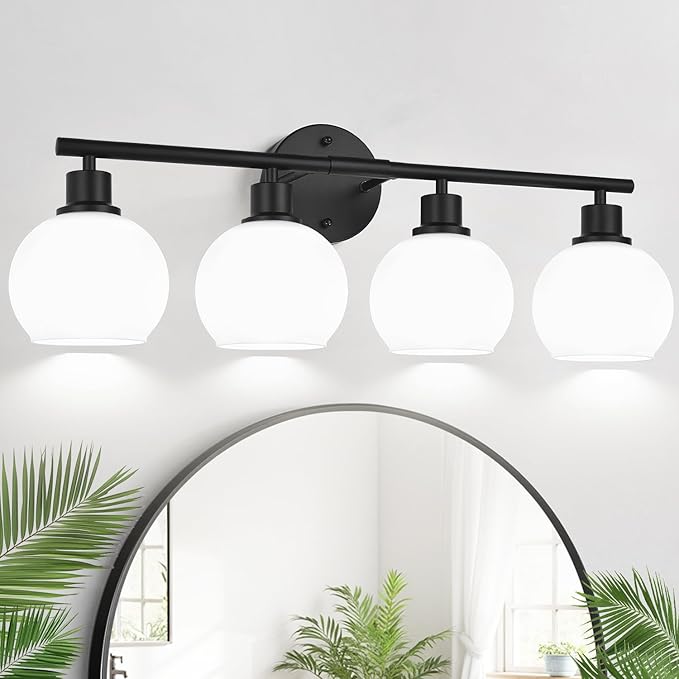 Indoi 4-Light Bathroom Light Fixtures, Black Bathroom Lights Over Mirror with Milky White Frosted Glass Globe Shade, Vanity Lights for Bathroom Kitchen Living Room Hallway Cabinet Bedroom Porch