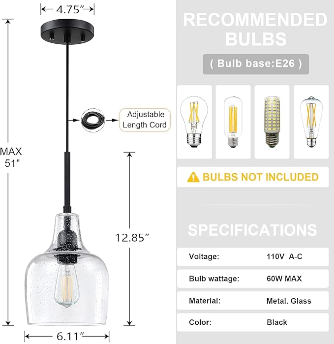 3 Pack 1 Light Indoor Hanging Kitchen Island Pendant Ceiling Light 6.1" Clear Seeded Glass Fixture,Black Finish for Farmhouse Over Sink Bedroom Hallway