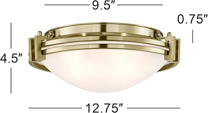 Possini Euro Design Deco Mid Century Modern Close to Ceiling Light Flush Mount Fixture 12 3/4" Wide Warm Brass Gold Satin White Glass Bowl Shade for Bedroom Kitchen Living Room Hallway Bathroom