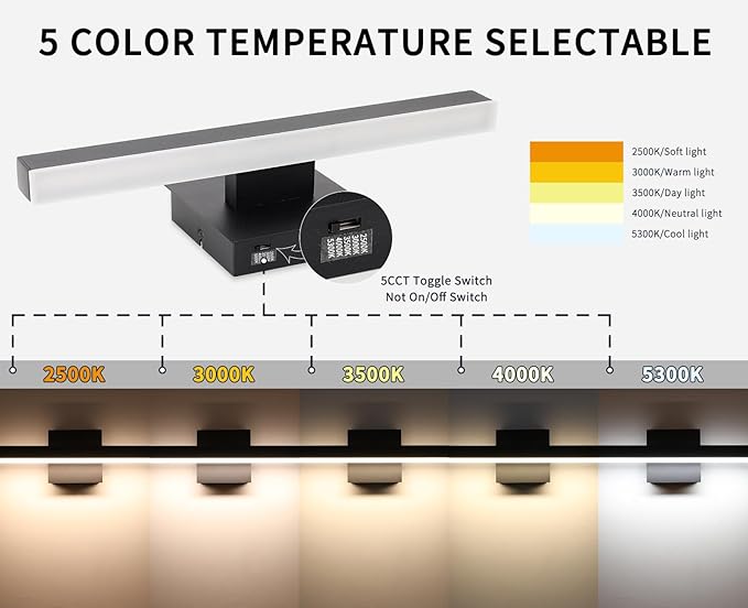 Joossnwell Black Bathroom Vanity Light Fixtures Dimmable 5CCT LED Bathroom Lighting Bar 15.75 Inch Modern Bath Lights Fixture Over Mirror 12W