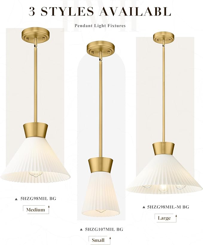 Gold Pendant Light, HWH Hanging Light Fixture for Kitchen Island, Bedroom, Modern Pendant Light with Milk White Striped Glass, Gold Finish, 5HZG107MIL BG