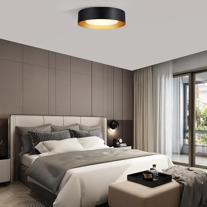 Vikaey Modern Flush Mount Ceiling Light, 3-Light Minimalist Round Close to Ceiling Light Fixture, Black and Gold Drum Ceiling Lamp with Glass Lampshade for Bedroom, Living Room, Kitchen, 16.5in