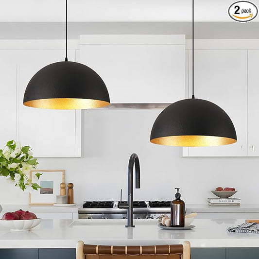 16" Industrial Large Pendant Light Fixtures,Black and Gold Pendant Lights Kitchen Island,Farmhouse Pendant Light Fixtures for Kitchen Foyer Cafe Dining Room,2 Pack