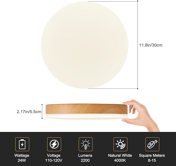 Modern Wood Grain Flush Mount Ceiling Light, 4000K 11.8 Inch Ceiling Light Fixtures, 24W 2200LM Round Ceiling Lamp for Bedroom Kitchen Hallway Laundry Room, Not Dimmable