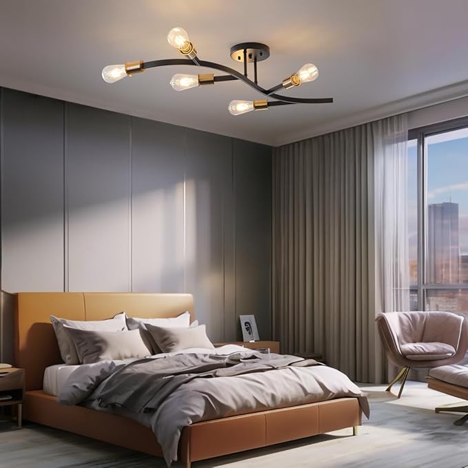 Modern Sputnik Semi Flush Mount Ceiling Light Fixture Black and Gold,5-Lights Mid Century Sputnik Chandelier for Dining Room,Kitchen,Hallway,Laundry Room,Bedroom(Bulbs Not Included)
