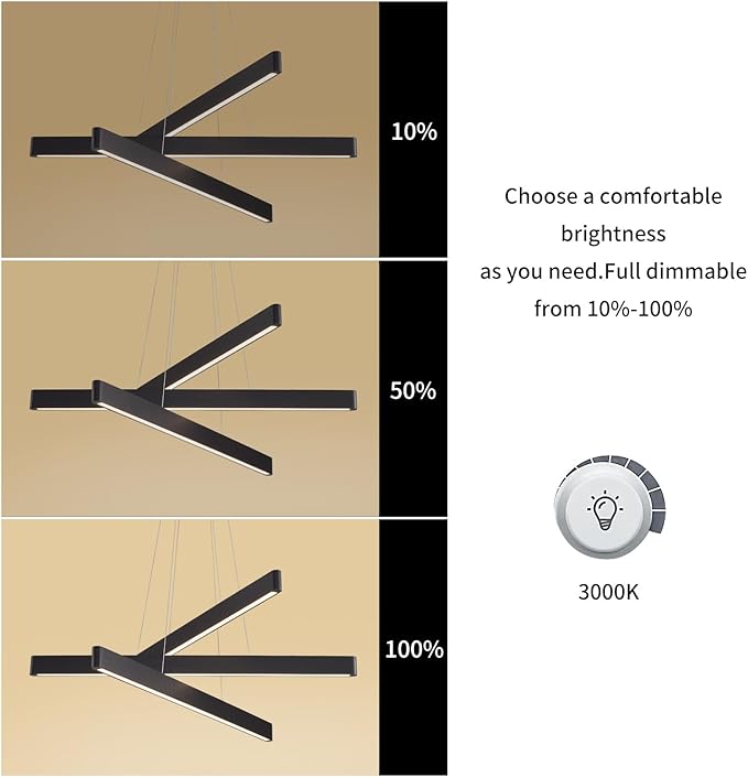 YISDESIGN 3-Light Solid Wood Black Linear Pendant Light - Dimmable Modern LED Chandelier for Dining Room Table Kitchen Island Living Room Ceiling - 45W Warm Light Adjustable Hanging Fixture Black