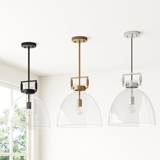 Nathan James Leigh Pendant Lighting, Hanging Ceiling Light with Oversized Glass Shade and Adjustable Cord, for Kitchen Island or Entryway, Vintage Brass/Clear, Set of 2