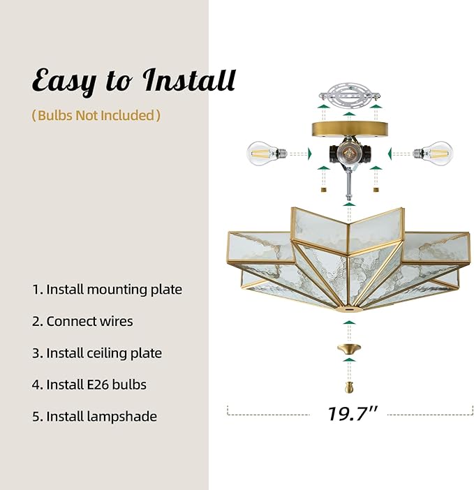 Star Brass Vintage Ceiling Light - 19.7 Inch Large Hammered Glass Antique Brushed Gold Flush Mount Fixture, Mid Century Art Deco Overhead Lighting for Kitchen Hallway Bedroom Bathroom Laundry Entryway