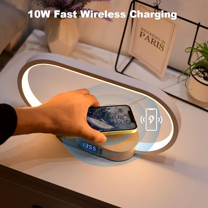 Donewin Bedside Lamp with Wireless Charger,Wooden Table Lamp with Charging Station,Touch Nightstand Lamp with Clock,3 Color Stepless Dimming Touch Lamp for Bedroom,Unique Gifts for Women