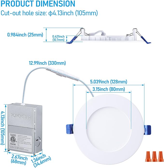 TORCHSTAR Basic Series 12-Pack 4 Inch Ultra-Thin LED Recessed Lighting with Junction Box, CRI90, Aluminum, 3000K Warm White, 5%-100% Dimmable Slim Recessed Downlight, 9W 810LM, ETL and Energy Star