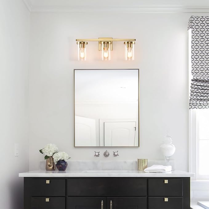 20in Bathroom Light Fixture Over Mirror, 3-Light Gold Vanity Lights with Clear Glass Shades, Modern Wall Sconces for Living Room, Bedroom, Hallway, E26 Base