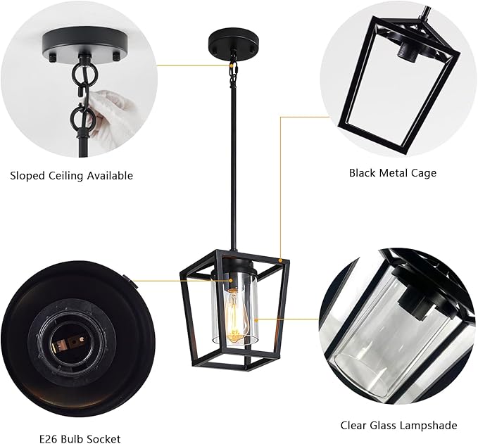 SGLfarmty Pendant Lights Kitchen Island, 1-Light Black Modern Farmhouse Adjustable Lantern Hanging Fixture with Glass Shade for Dining Room Entryway Hallway