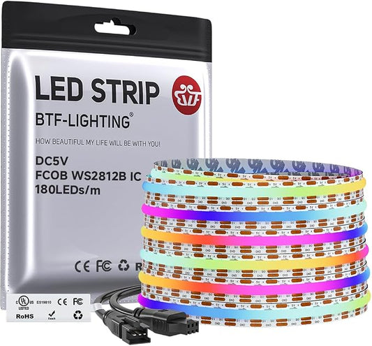 BTF-LIGHTING FCOB COB WS2811(WS2812B) IC RGB 180LED/m 900IC LED Strip DC5V 16.4FT Individual Addressable,UL Listed,High Density Uniform Light Dream Chasing Color 10mm Width(NO Adapter or Controller)