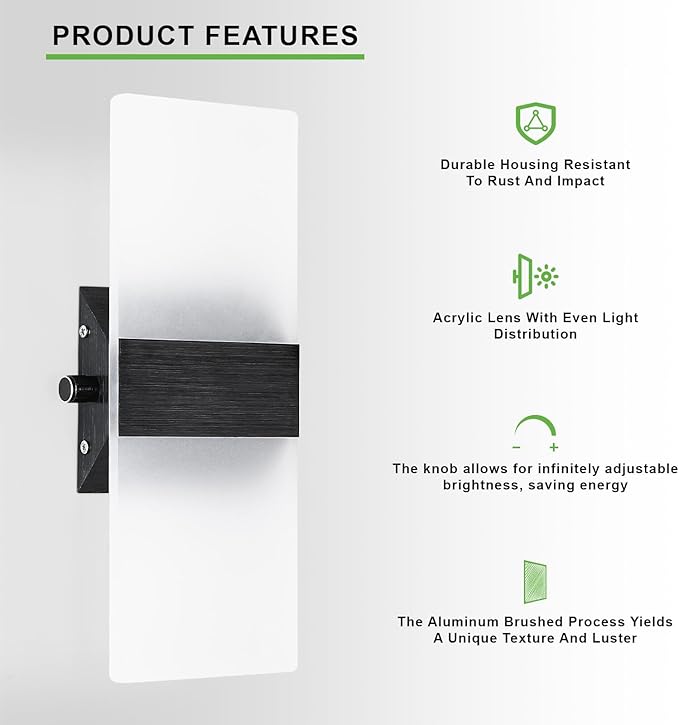 Lightess Indoor Wall Sconce with Switch 12W LED Modern Wall Light, Acrylic Dimmable Wall Lamp, Black Wall Mounted Lighting Fixture for Bedroom Living Room Hallway, Warm White, 1 Pack