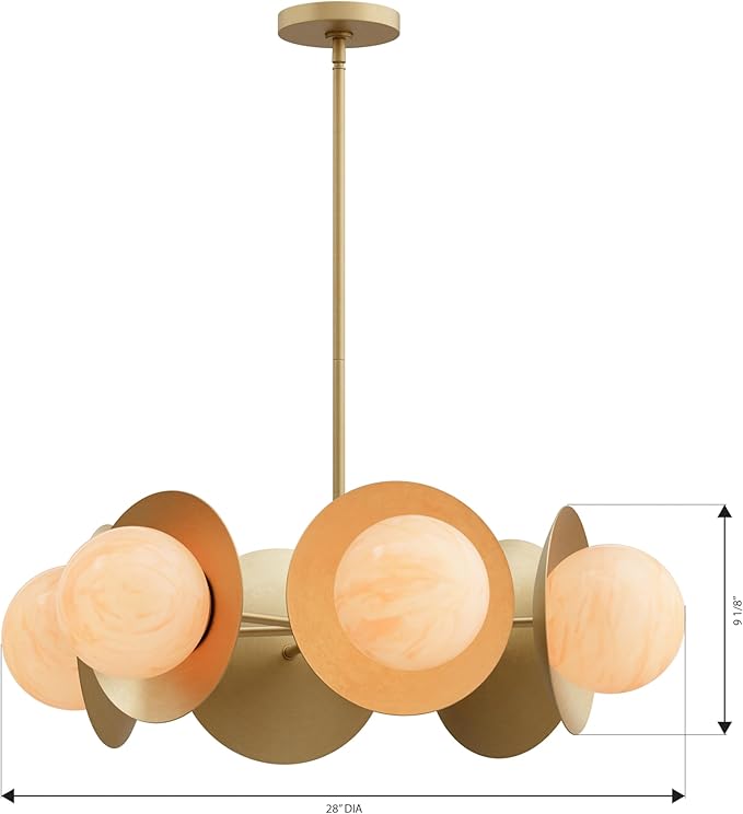 Minka-Lavery 10386-732 Olenne 28" 6-Light Pendant - Legacy Brass with Etched Amber Swirl Glass