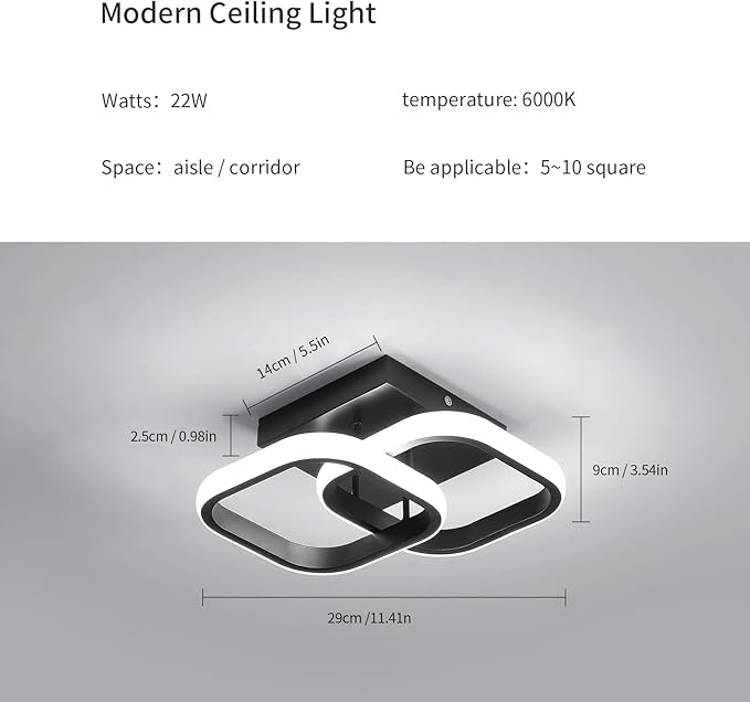 Small LED Hallway Ceiling Light, 2 Square Frames Modern Ceiling Light, 6500K Flush Mount Ceiling Light Fixtures for Hallway Living Room Bedroom Kitchen Closet, Black
