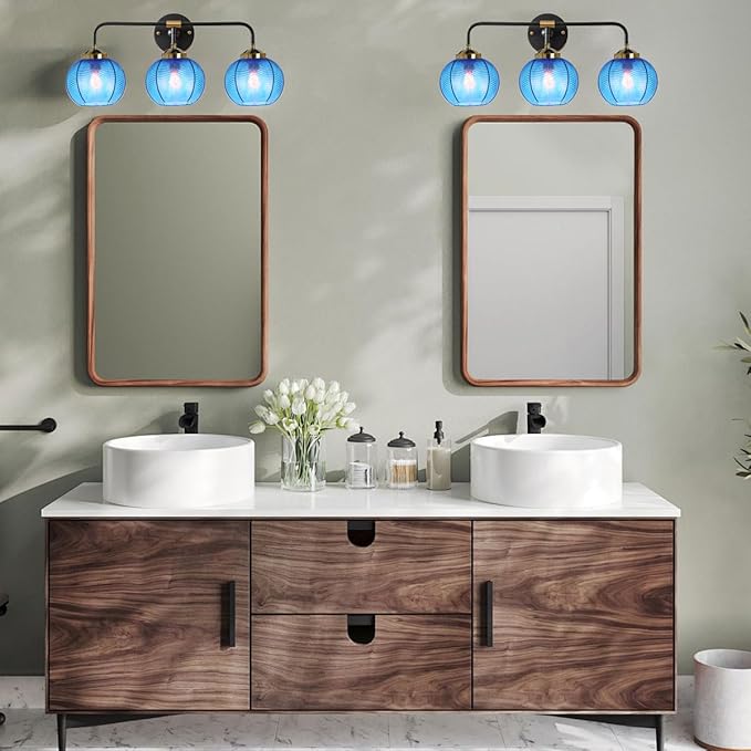 Vanity Lights for Bathroom,Mid Century Vanity Light Black Sconce Blue Bathroom Light Fixture Over Mirror Ribbed Glass Globe Shade Art Deco Vanity Lights Modern Wall Sconce 3-Lights