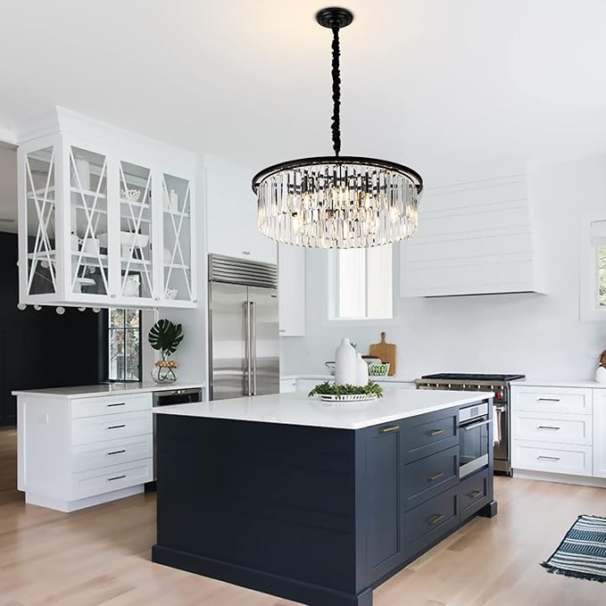 23" Black Crystal Chandelier 8-Light Modern Crystal Pendant Ceiling Light Fixture 2 Rings Luxury Chandeliers,for Dining Room Kitchen Island Living Room Bedroo