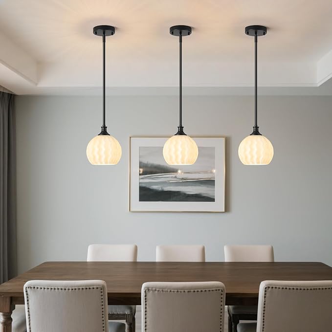 Black Pendant Lights Kitchen Island 2 Pack, 7.3" Modern Milk Glass Pendant Light Fixtures with Rods, Adjustable Height Hanging Lighting for Kitchen Sink Bathroom Dining Room