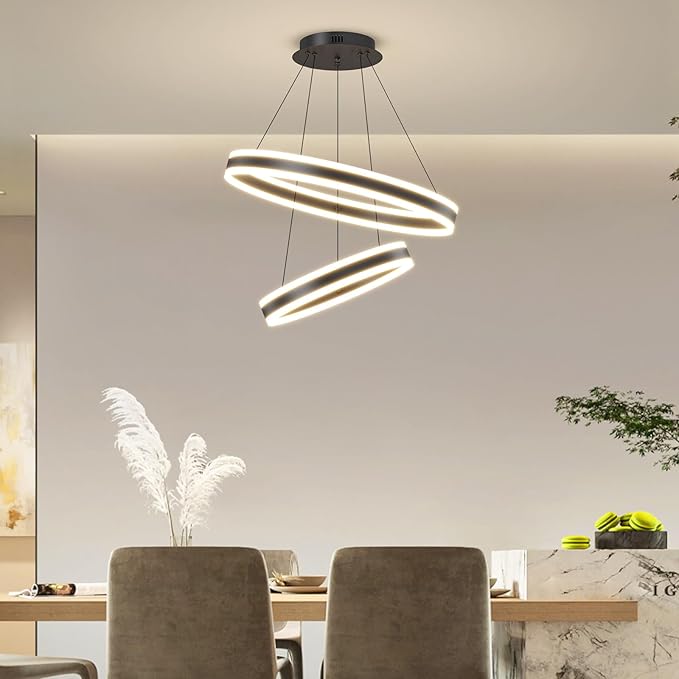 LED Modern Pendant Chandelier, 2 Ring Circular Black Ceiling Pendant Light Fixture, Dimmable 3000K-6500K, Adjustable Flush Mount Hanging Lights for Dining Room, Kitchen Island, Living Room, Office