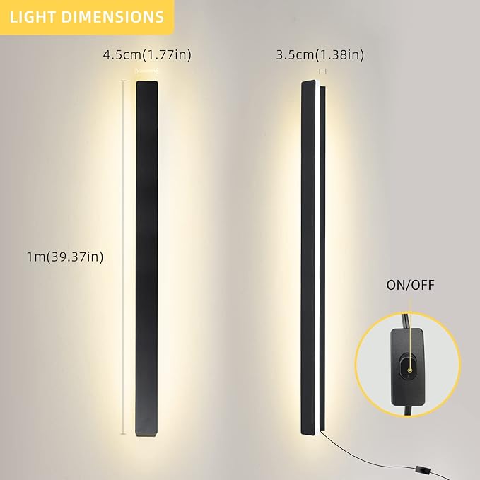 KELUOLY Modern Plug in Long Wall Sconce, 39" Black Matte LED Wall Lights, 20W Warm White 3000K Acrylic Indoor Wall lamp, with 59" Plug Cable for Bedroom, Living Room, Hallway