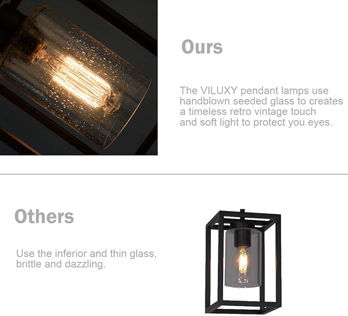 VILUXY Black Pendant Lights Kitchen Island Farmhouse Seeded Glass 1-Light Dining Room Pendant Lamp Fixtures Metal Cage Hanging Lights for Over Sink
