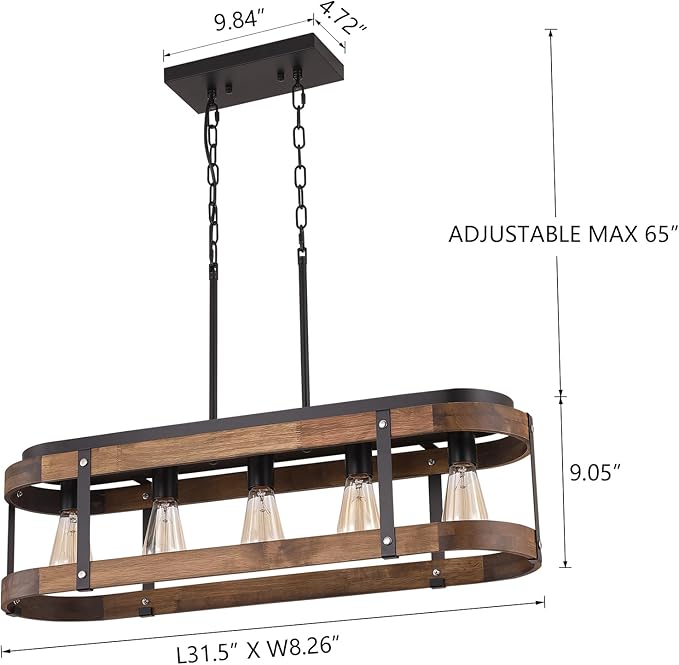 Rustic Farmhouse Wood Kitchen Island Lighting, 5 Lights Rectangular Pendant Light Fixture, Adjustable Rods Oak Wood and Metal Linear Chandelier for Kitchen Island Farmhouse Dining Room, Black