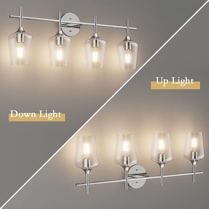 Ralbay Chrome Bathroom Vanity Light - 4 Light Industrial Farmhouse Style, Clear Glass, Over Mirror
