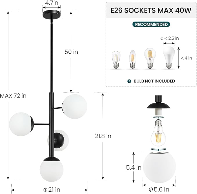 Modern Sputnik Chandelier Ceiling Light Fixture, 4-Light Semi Flush Mount Black Matte Chandelier with Globe Milky Frosted Glass Shade Adjustable Dining Room Sputnik Ceiling Light for Kitchen, Hallway
