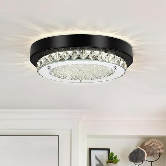 Crystal Flush Mount Ceiling Light Small LED Ceiling Light 10 Inch Round Hallway Lighting Black Modern Bathroom Light Fixtures for Entryway Laundry Room Foyer Mini Closet Ceiling Light