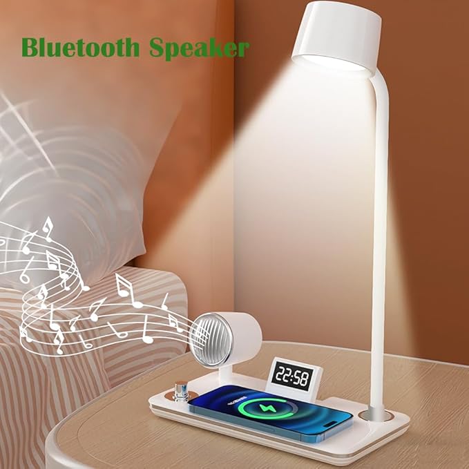 IHAO Smart LED Desk Lamp with Wireless Charger & Bluetooth Speaker, 15W Fast Charging Station for Phone & Earbuds Touch Control 3 Light Modes Alarm Clock Adjustable Eye-CareTable Lamp-HYT1772 White
