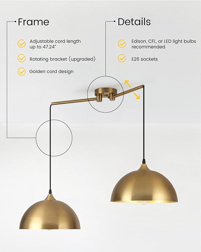 Gold Pendant Lights Kitchen Island 2-Light, Gold Dome Pendant Light, Modern Dining Room Light Fixture, Island Pendant Lights for Kitchen, Dining Room, Bar, Cafe