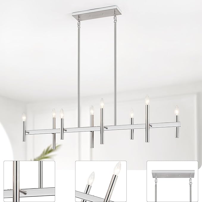 47” Brushed Nickel Chandelier Kitchen Island Lighting 8-Light Modern Pendant Light Fixtures Contemporary Linear Chandeliers for Dining Room Over Table Hanging Light for Living Room Bar Pool Table