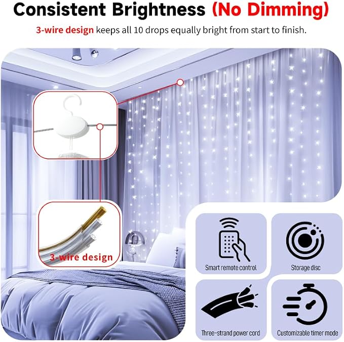 HXWEIYE 300LED Untangled Curtain Lights, 9.8x9.8Ft USB Fairy Twinkle String Lights with Remote and DIY Timer, 8 Modes Window Wall Hanging Light for Bedroom Dorm Backdrop Room Decor, White
