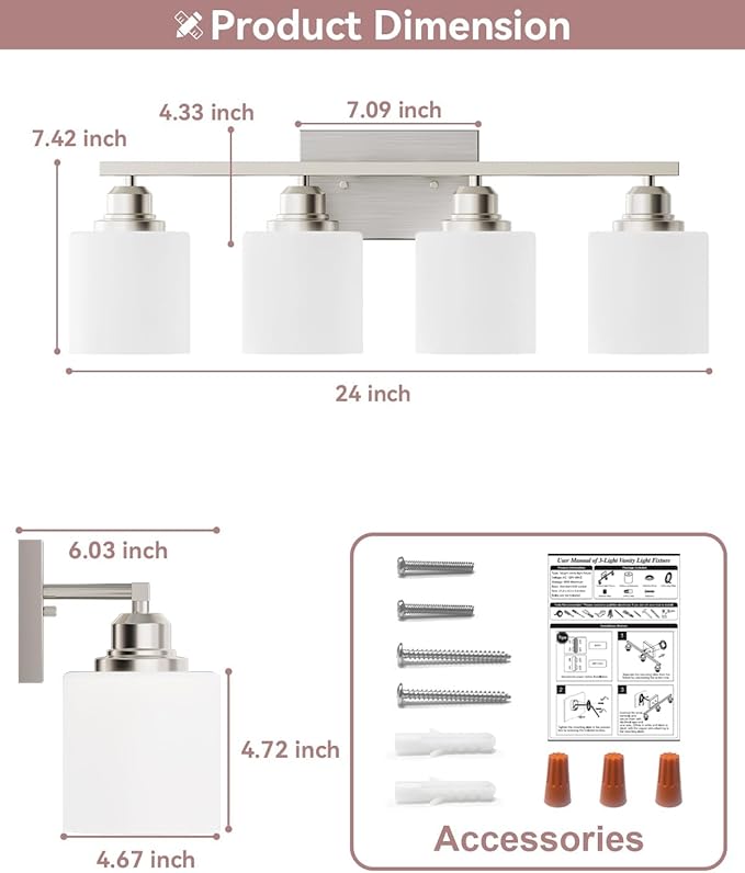 Sailstar 4-Light Bathroom Light Fixtures Over Mirror, Glass Shade & Anti-Rust Nickel Finished,Brushed Nickel Vanity Lights, Modern Bathroom Vanity Light, Bathroom Light for Small Space