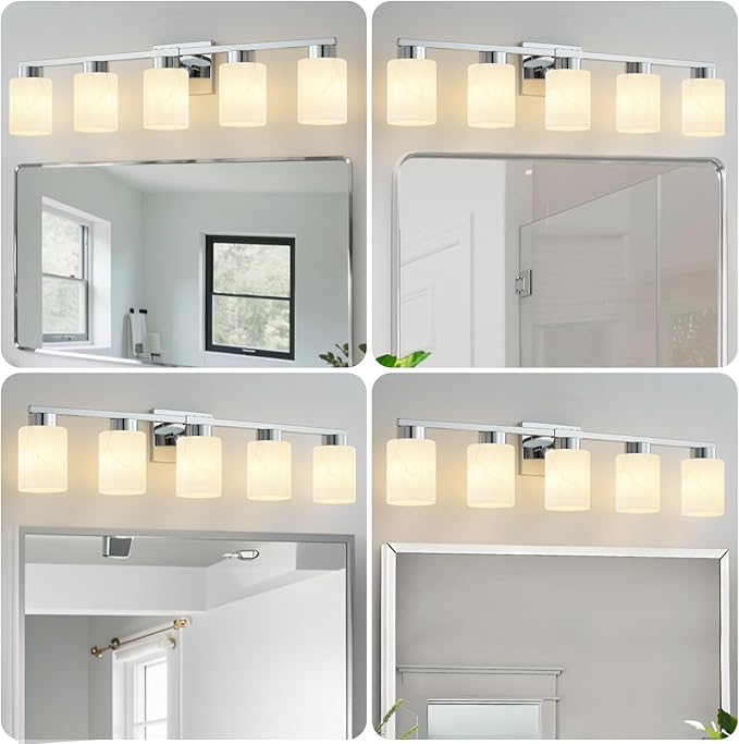 5-Light Bathroom Light Fixtures, Modern Vanity Lights, Chrome Metal Wall Lamp with White Marble Glass for Bathroom, Mirror, Living Room, Bedroom, Cabinet, Porch, Hallway, E26 Base