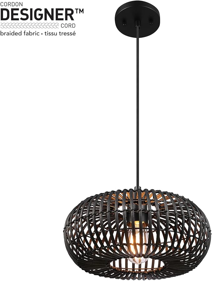 GLOBE Electric 65701 Maren 1-Light Pendant Lighting, Matte Black, Rattan Shade, Bulb Not Included