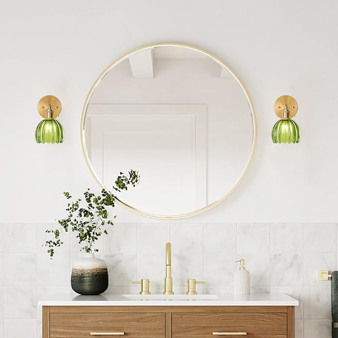 Hardwired Wall Sconce Light, Vintage Wall Sconce with Switch, Gold Wall Light Fixture with Tulip Green Glass Lampshade, Indoor Wall Light for Bedroom Bathroom, Bedside Wall Lamp