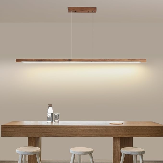 Modern Wooden Pendant Light, 47IN Walnut Wooden Chandelier with Remote Control 3000k-6500K Adjustable Color Temperature，Aluminum Island Lighting Lamp for Dining Room, Living Room, Kitchen