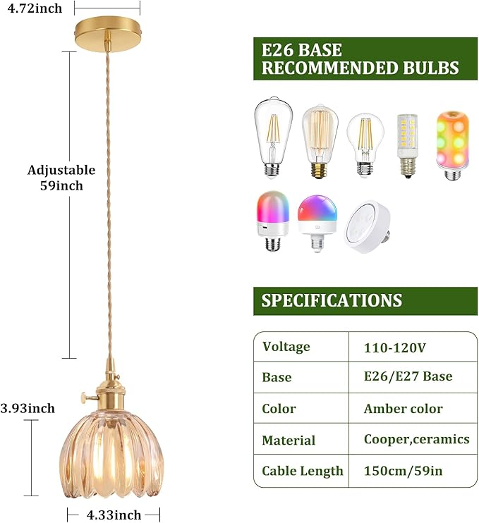 Shenmoyl Pendant Light with Amber Tulip Glass Lmapshade, Brass Vintage Pendant Light Adjustable Hanging Light for Kitchen Island Dining Room Hallway