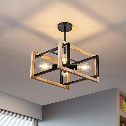 HuisMier Farmhose Flush Mount Ceiling Light Fixtures, 4 Lights Rustic Wood and Metal Ceiling Lighting, Industrial Dining Room Light Fixture for Kitchen Island Entryway Bedroom Hallway