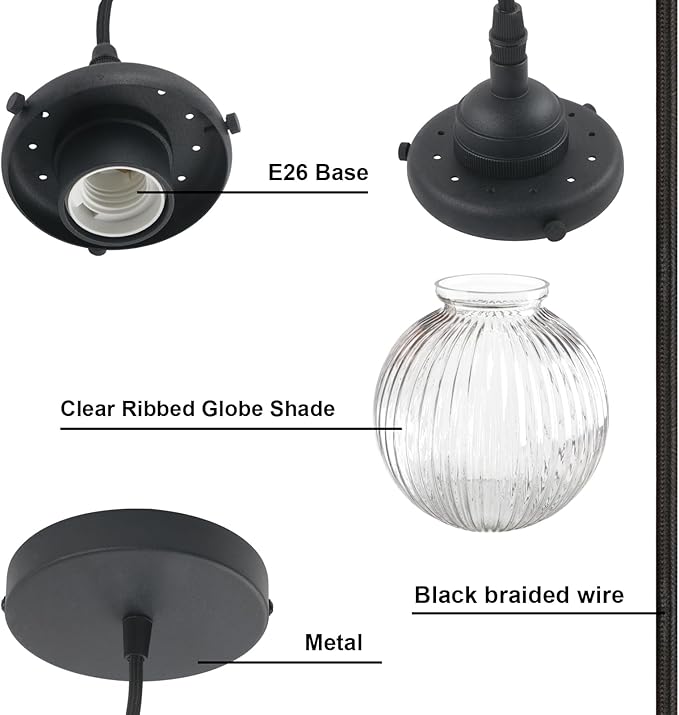 Yosoan 1-Light Vintage Industrial Kitchen Hanging Pendant Light Fixture, Single Hardwired Indoor Vanity Retro Textured Striped Round Glass Shade Small Lamp for Dinning Room Living Room Island(Black)
