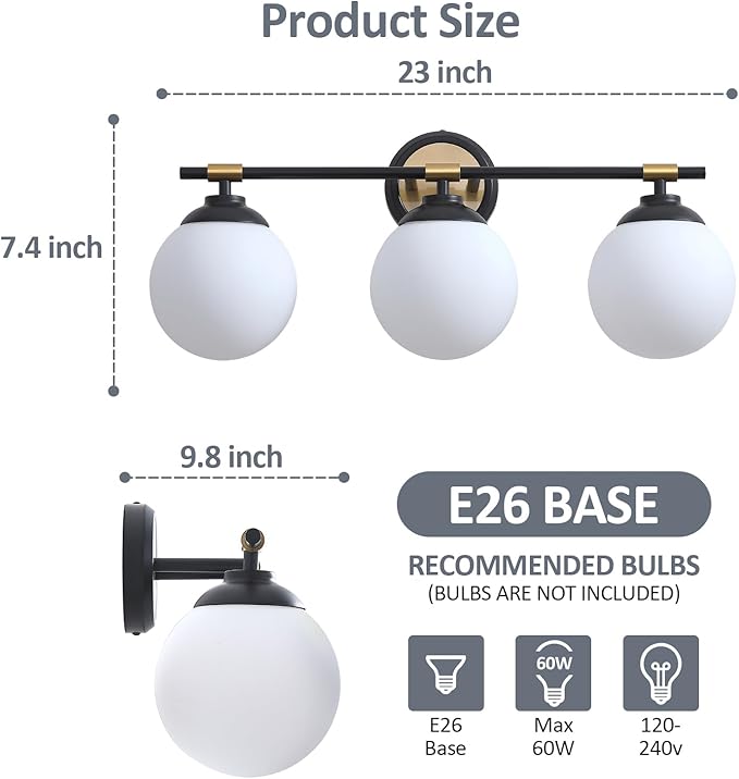 Rayogale Bathroom Light Fixtures, ETL 3 Lights Black Gold Vanity Lights Over Mirror with Milk Glass Soft Lighting Bathroom Wall Sconces for Living Room Bedroom (Exclude E26 Bulb)