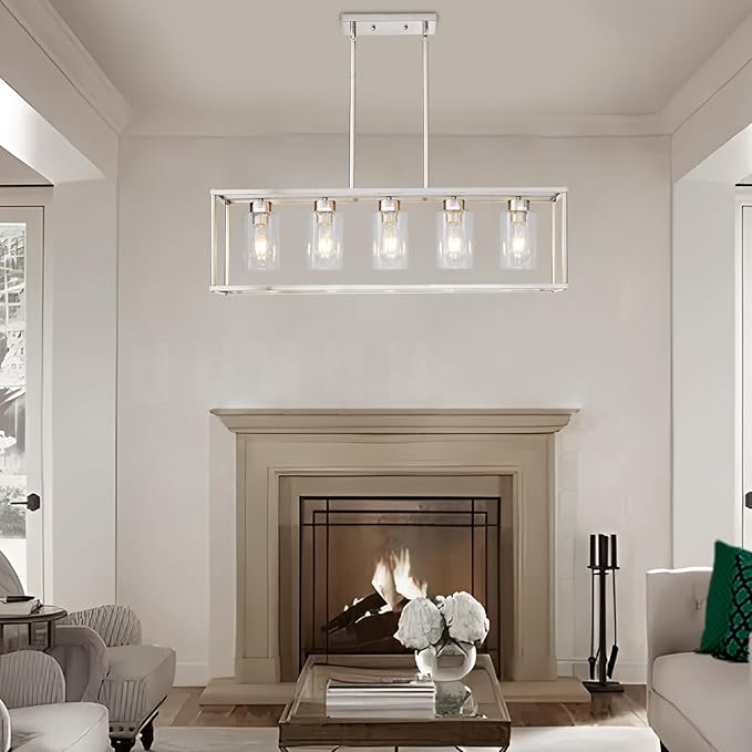 5 Light Dining Room Light Fixture Rectangular Modern Farmhouse Chandelier Brushed Nickel Linear Hanging Pendant Lighting Rectangle for Kitchen Living Room Adjustable Height with Glass Shade