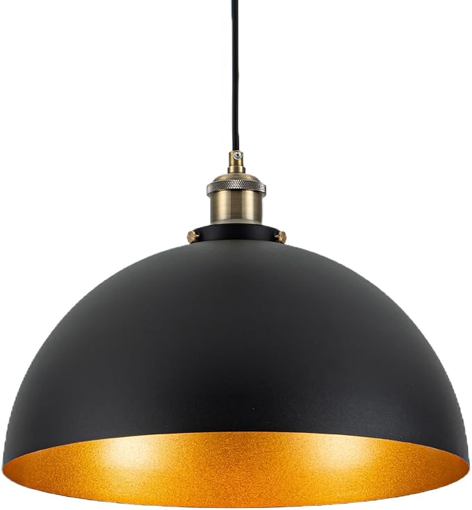 13.78" Modern Industrial Black Pendant Light Vintage Farmhouse Black Gold Pendant Light Fixtures Retro Dome Golden Pendant Lights for Kitchen, Dining Room, Bedroom, Hallway, Entryway, Bars