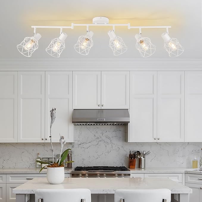 WILON Track Lighting Fixtures, 6 Light Kit Flush Mount Ceiling Spotlight, White Kitchen Light, Flexibly Rotatable Head, E26 Base