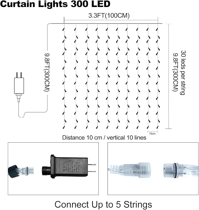 300 LED Curtain Lights Plug-in Fairy Curtain Lights with 8 Modes, Connectable Indoor/Outdoor for Christmas Decorations, Weddings, Walls, Windows, Parties，Warm White