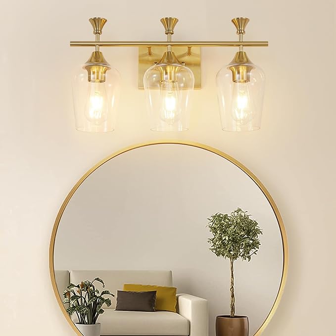 Bathroom Light Fixtures (3-Light, 19 Inch), Brushed Gold Vanity Lights for Bathroom with Clear Wine Glass Glass Shade, Modern Vanity Wall Lights for Mirror Bedroom Living Room Kitchen Hallway Porch