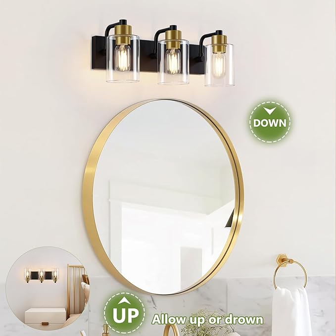 Dpyrrhic Bathroom Light Fixtures,Matte Black and Gold 3-Light Bathroom Lights with Clear Glass Shade,Modern Wall Sconces Over Mirror for Bathroom, Black&Gold, JD-188