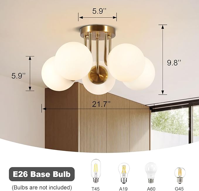 Bektas 5-Lights Semi Flush Mount Ceiling Light Fixture Brushed Gold Light Fixture Bend Modeling with Milk Glass Globe for Bedroom,Living Room,Dinning Room Foyer Hallway